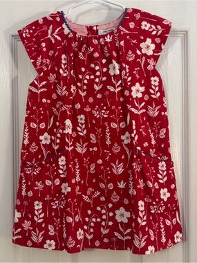 Mini Boden Baby Girl Red Corduroy Dress with White Floral Print Short Sleeve